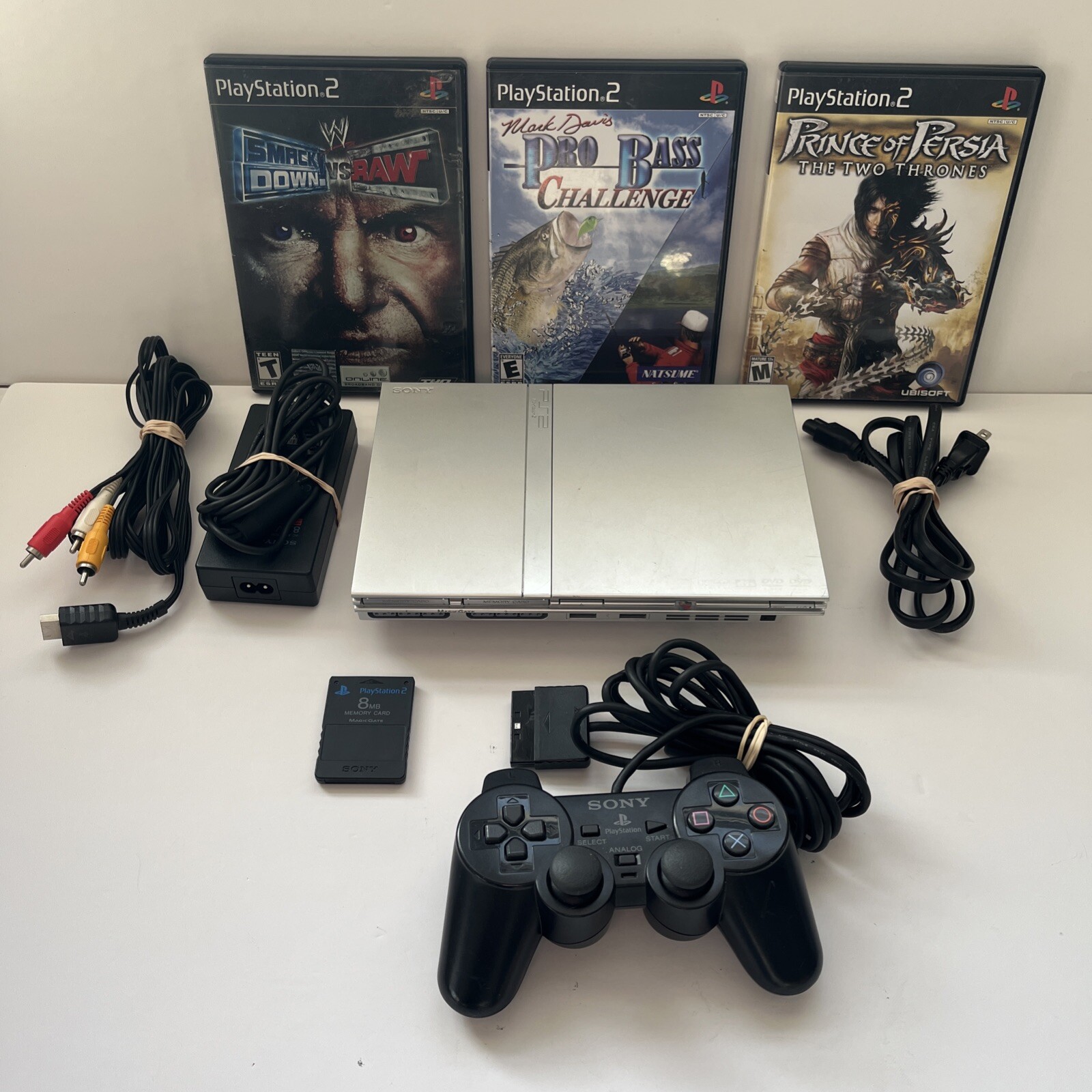 Sony PlayStation 2 PS2 Slim Silver Console System Bundle W/ Games Memory Tested