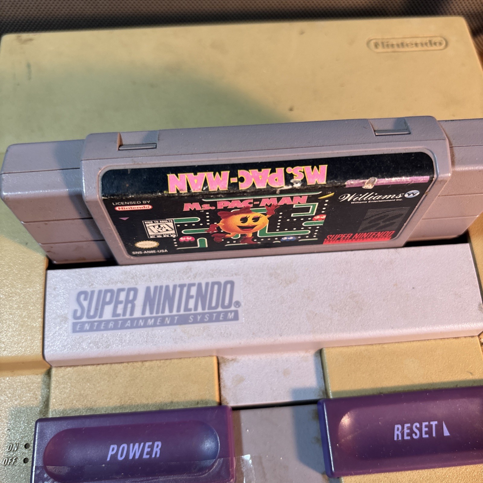 Super Nintendo SNES Control Deck Console System & 2 Controller MS PAC-MAN-No PWR