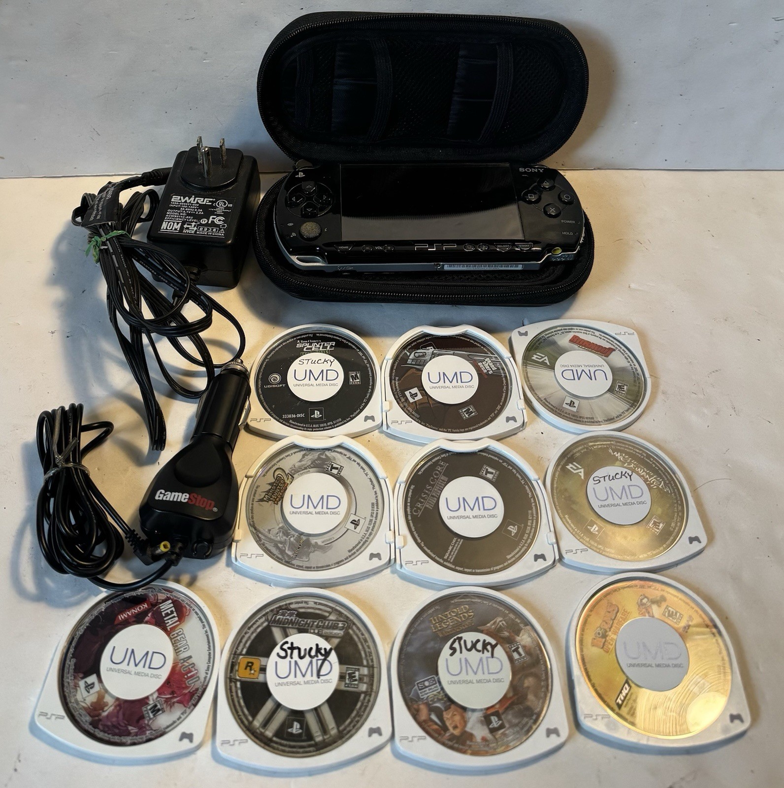 Sony PSP-2001 Black Console 10 Games, Chargers, Case, Tested No Battery