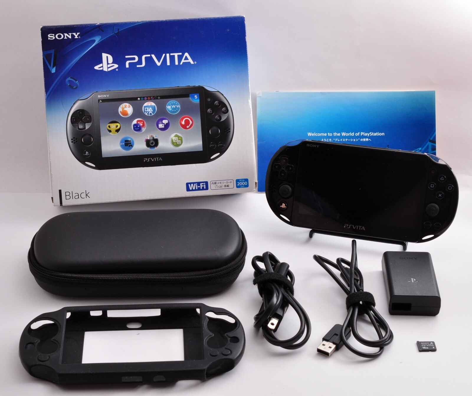 PS Vita PCH-2000 ZA11 Black w/ Box Charger 16GB Memory Case Cover [Near Mint]