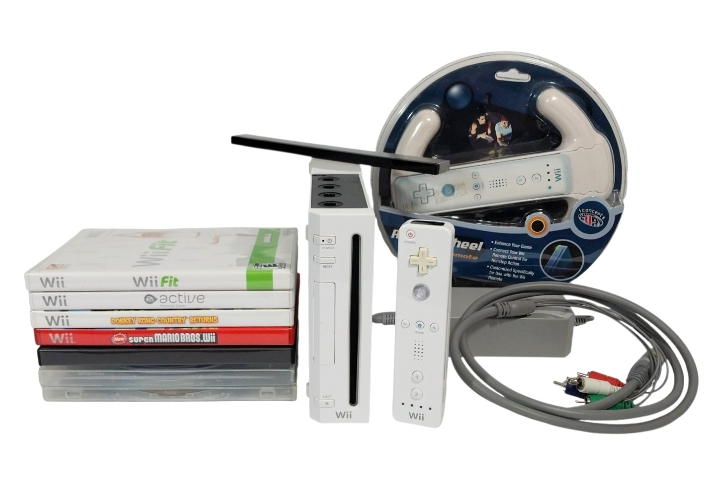 Nintendo Wii Gaming Console Bundle 1 Remote 1 Racing Wheel 7 Games