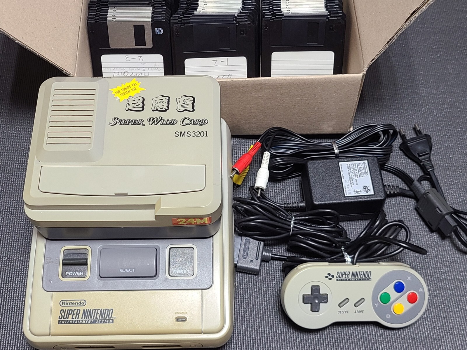 Nintendo Super Famicom Game Console & Wild Card SMS3201 3.5Disk for PAL SFC SNES