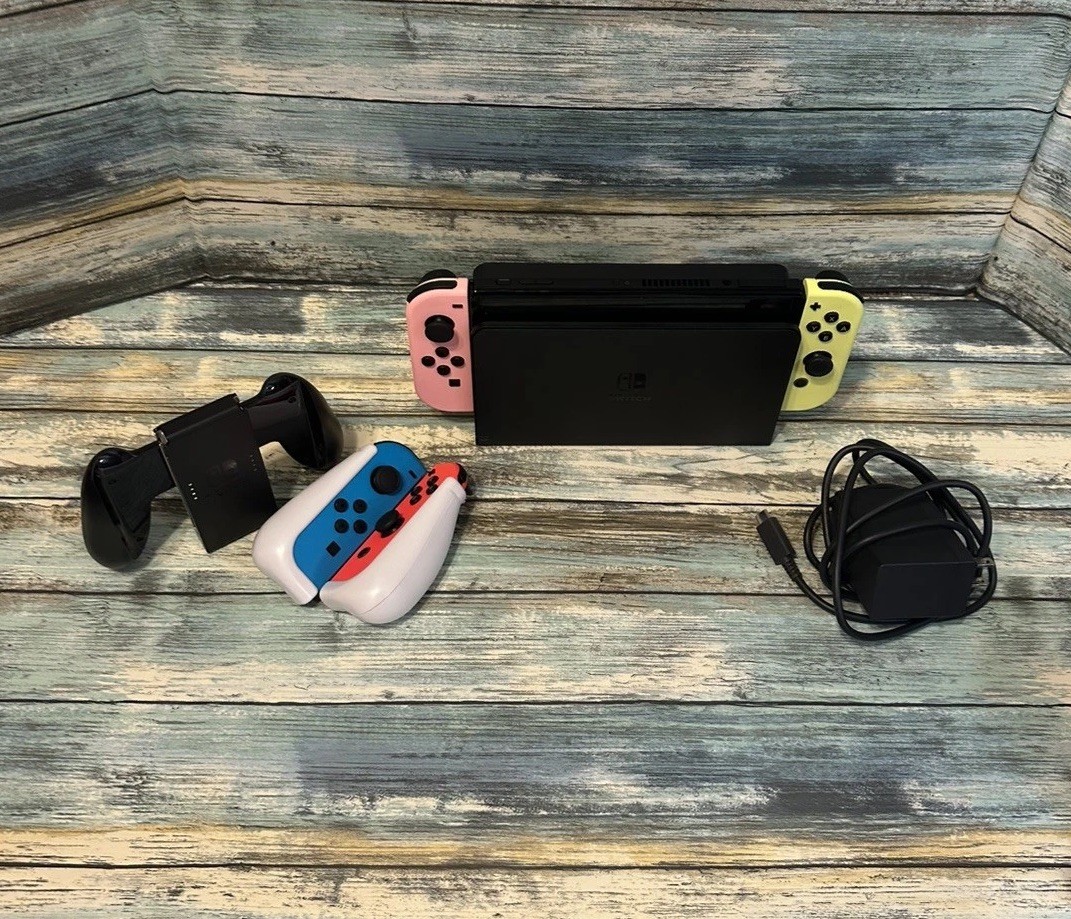 Nintendo Switch OLED Model w/ Neon Red & Neon Blue JoyCon Console + 2 JoyCons