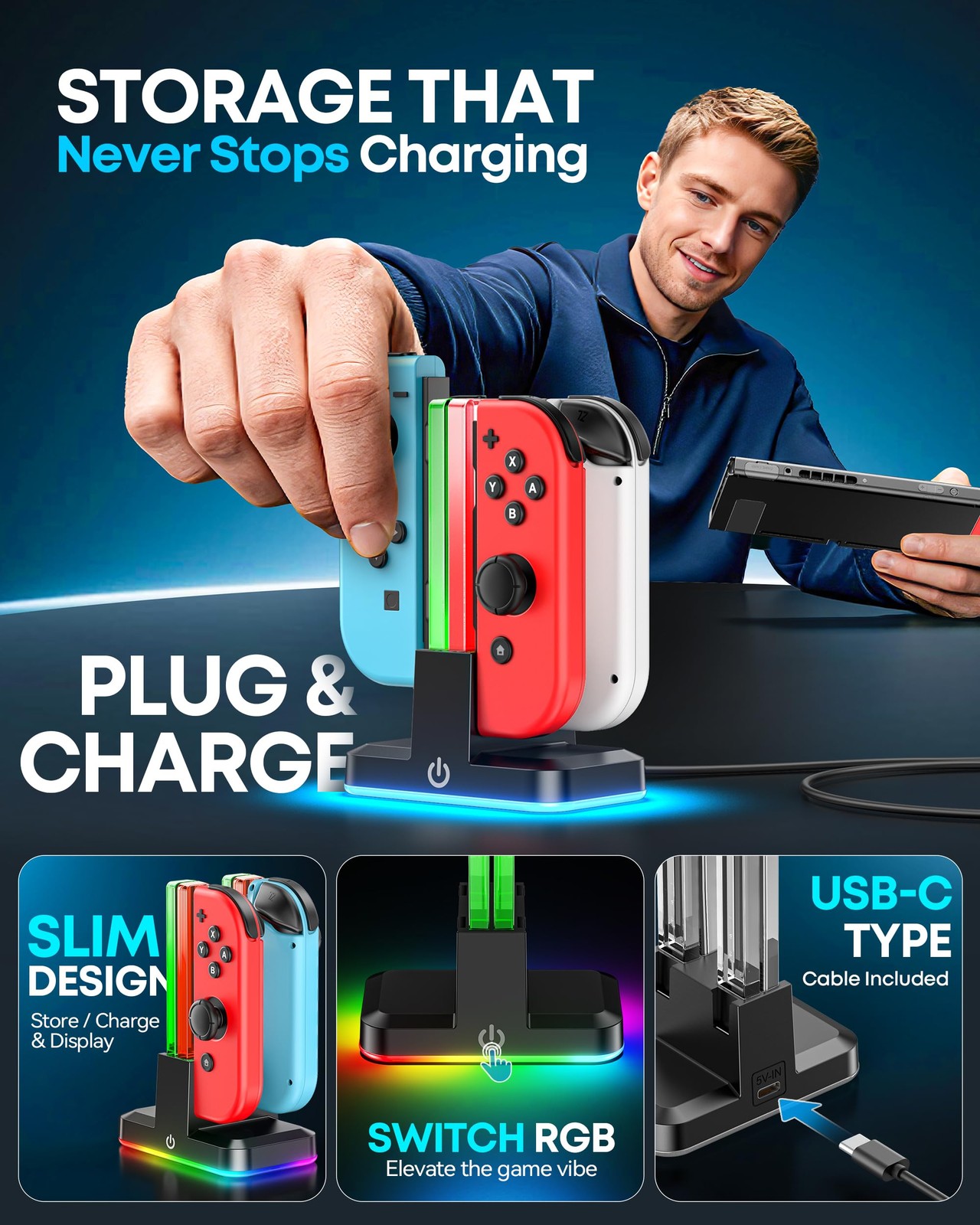Switch Joycon Charger for SW 1 Model with 9 RGB Light Modes, Switch Controlle…