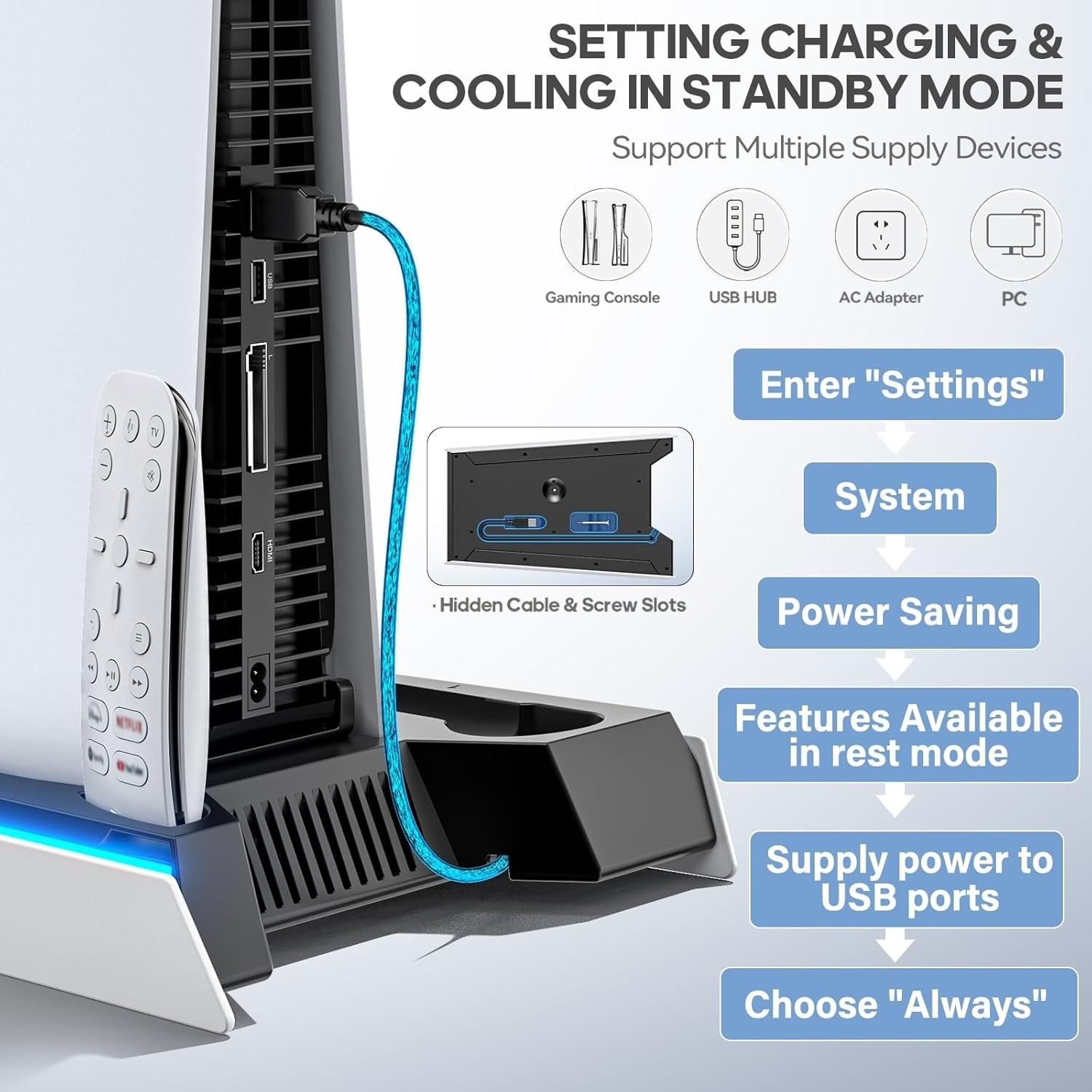 PS5 Stand with Built-in Adjustable Fan & USB Charging – Manage Heat with Style