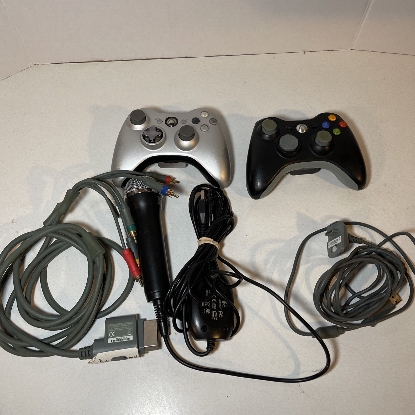 Two Microsoft Xbox 360 Controllers Untested No Backs With Cords And Microphone