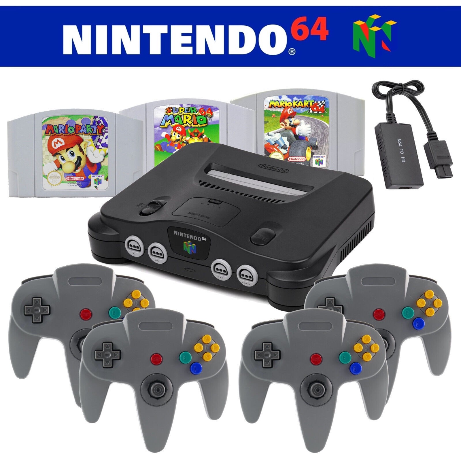 Nintendo 64 N64 Console + 1 2 3 4 Controllers 🎮✅ Mario Classic & HDMI Choice