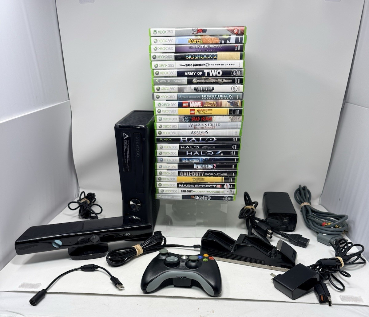 Microsoft Xbox 360 S Console Bundle Kinect Controller 24 Games Halo COD Skate 3