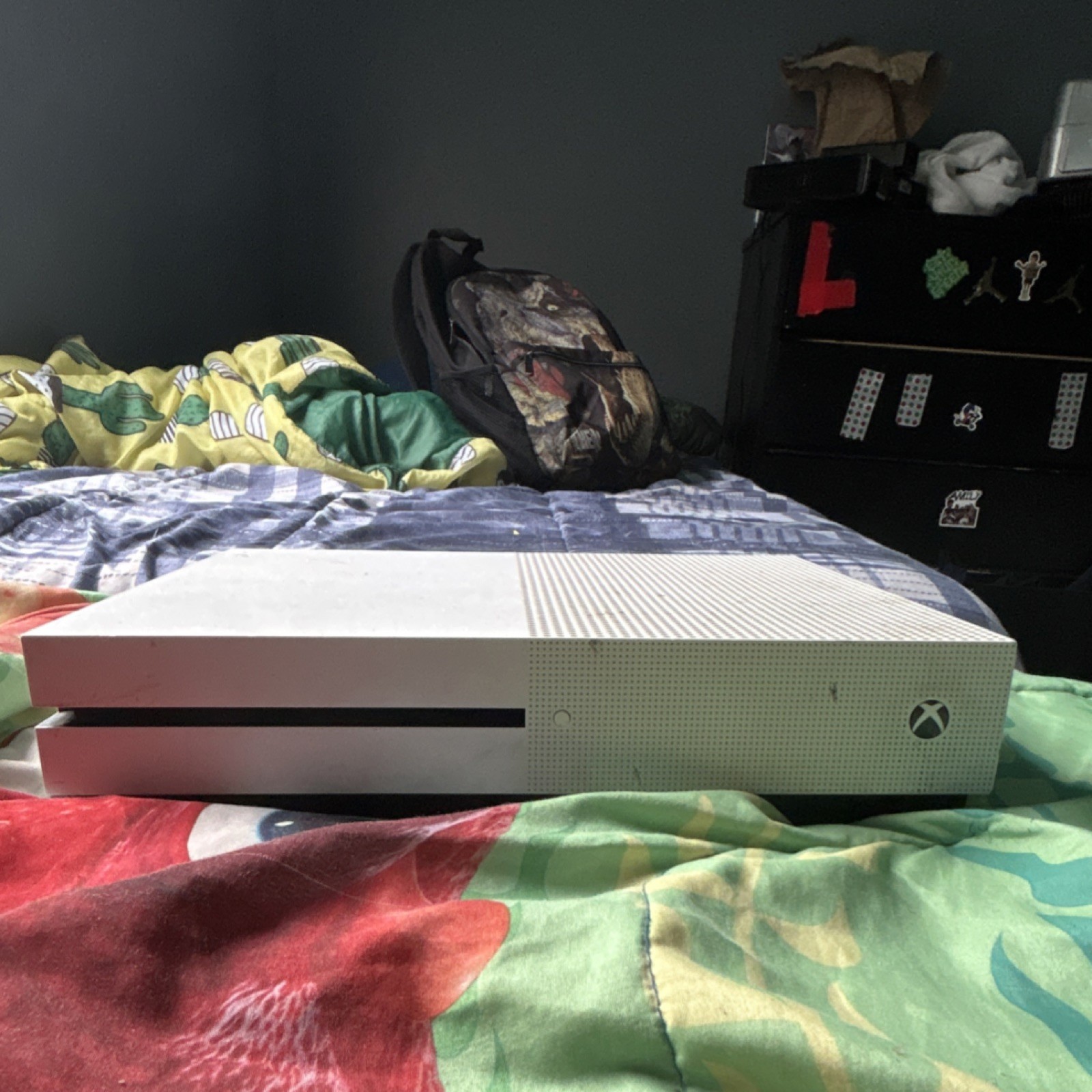 Microsoft Xbox One S White Console with Black and Blue Controllers