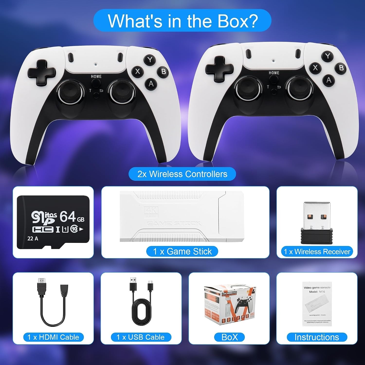 Plug & Play Retro Game Console with 64GB TF Card, Dual Controllers, 4K Output