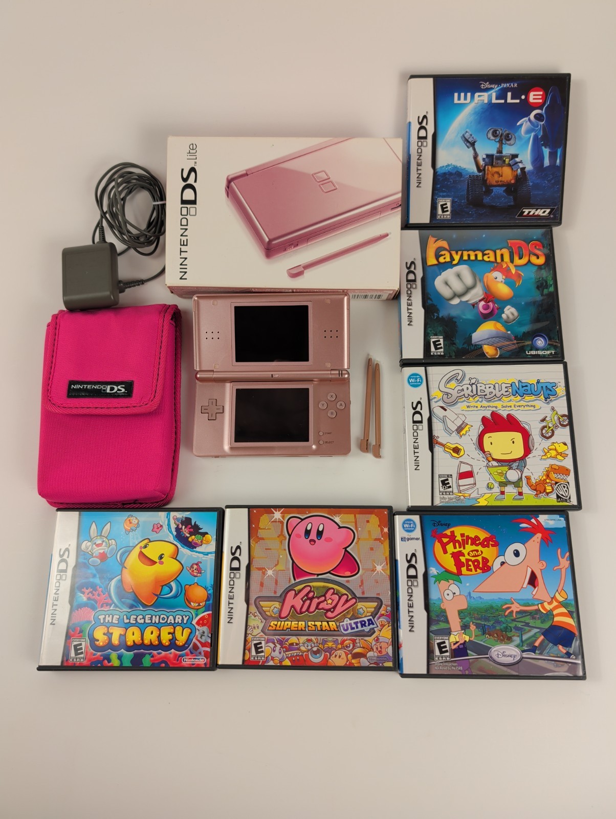 Nintendo DS Lite Metallic Rose Pink Console Bundle Game System W/ Box & 6 Games