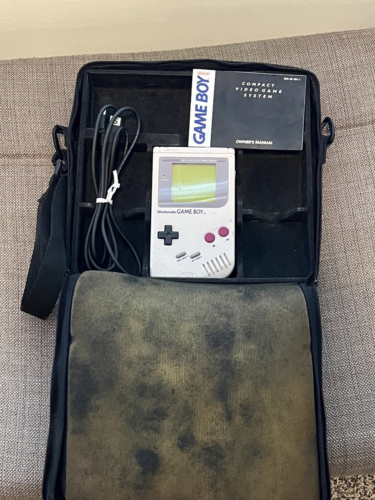 Original GameBoy With Manual Link Cable and Carrying Case Bag Tested 1989 Gray