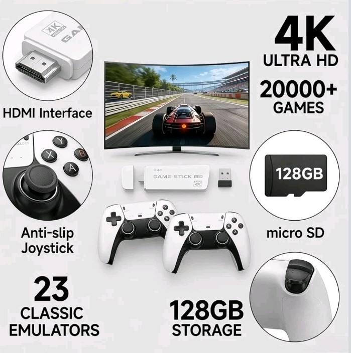 Boltz Retro Gaming Stick 4K HDMI 128GB Plug & Play w/ 2 Wireless Controllers