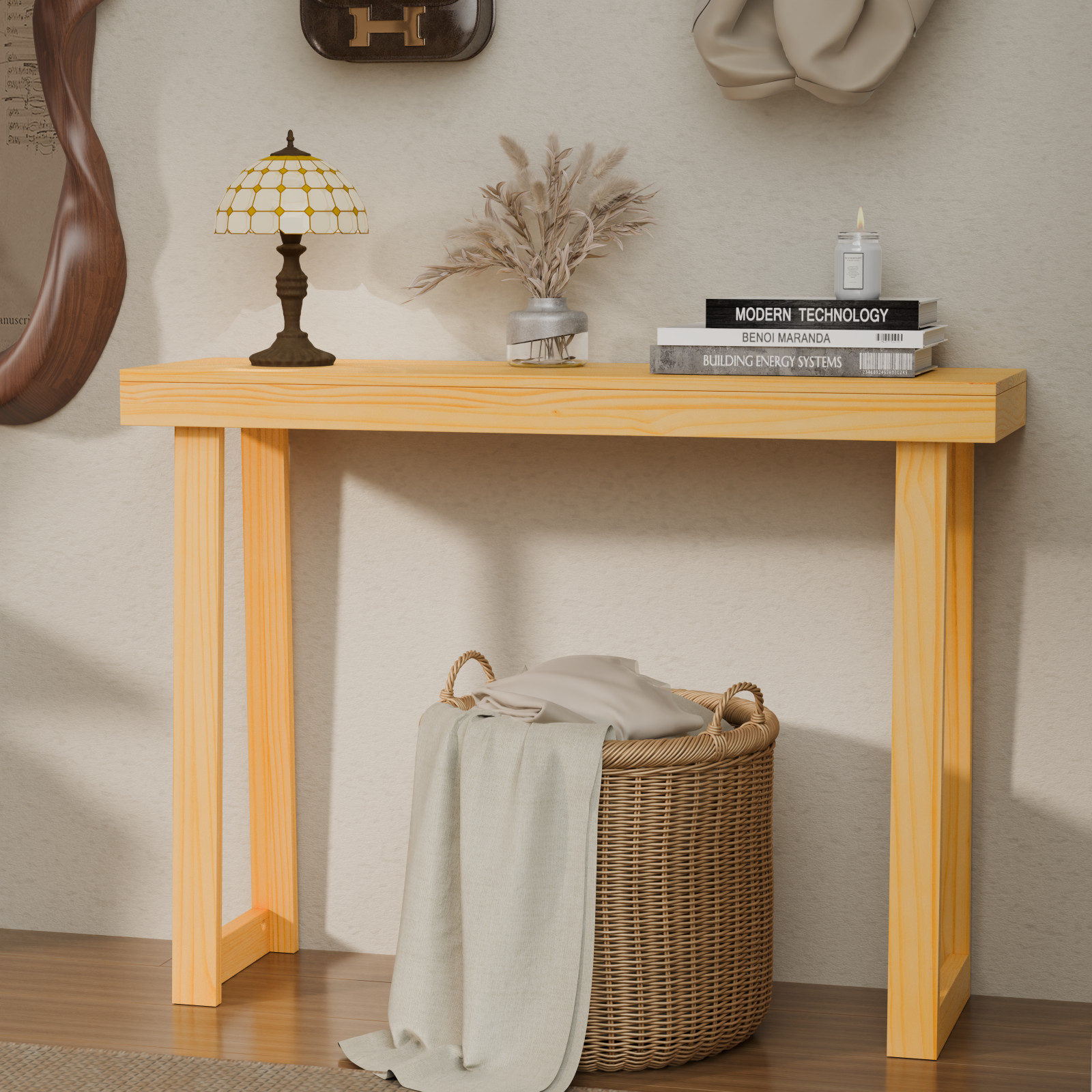 Solid Wood Console Table Narrow Entryway Table for Hallway Behind Couch Foyer