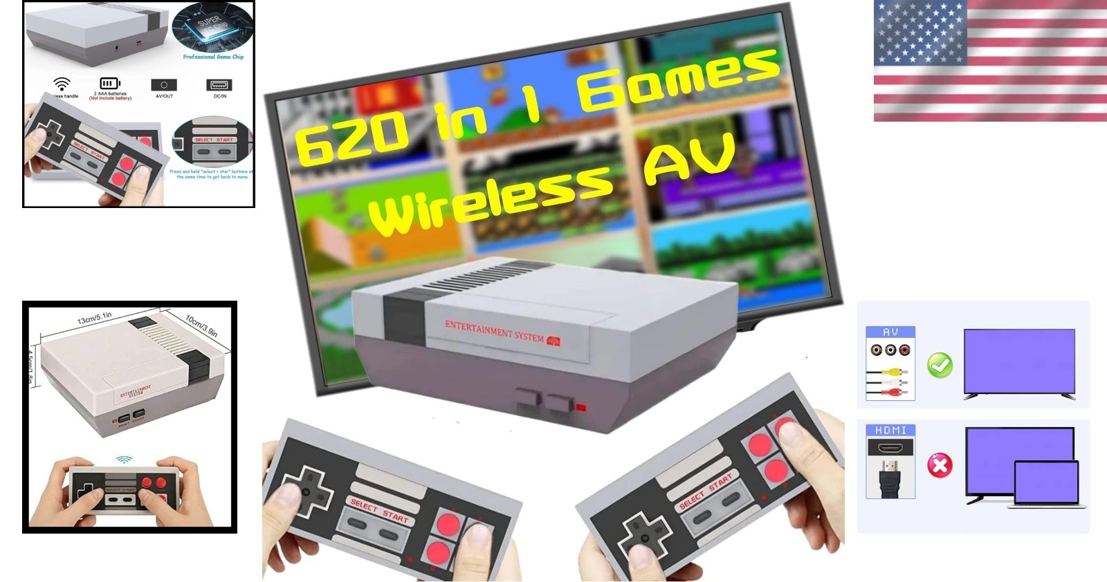 Wireless Retro Game Console with 620 Built-in Games & Dual Controllers