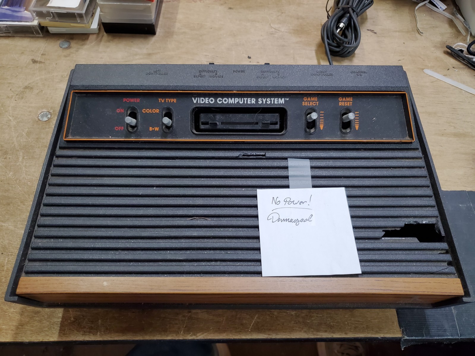 Atari 2600A Wood Grain Console, CX 2600A, No Power, Damaged Top, Parts Repair