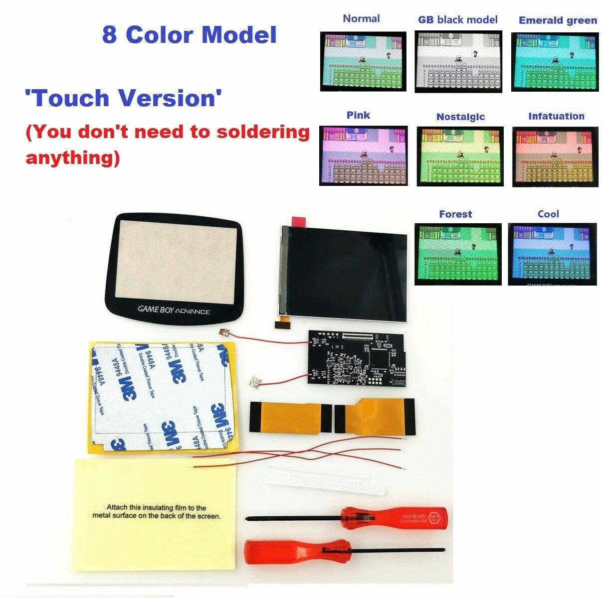 8 Colors GBA V2 IPS Backlight LCD Mod & GBA Pre- Cut Full Housing shell kit