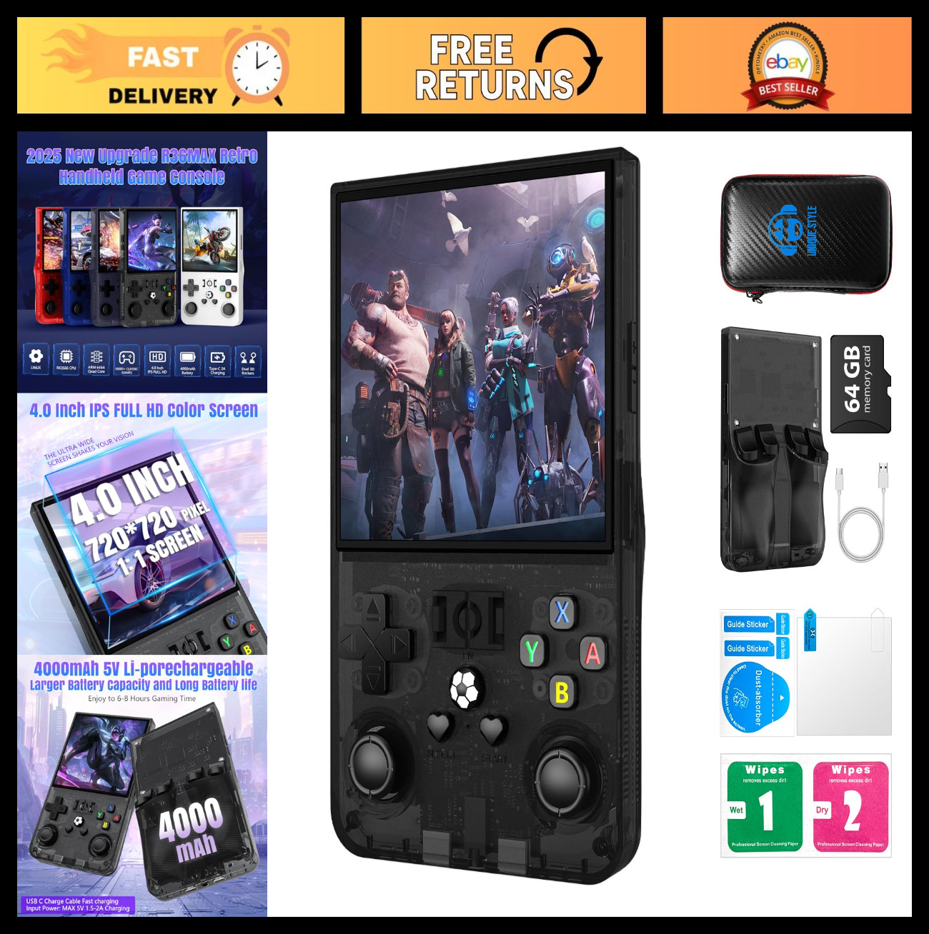 Retro Handheld Gaming Console – 4″ IPS HD Screen, 18,000+ Games, 4000mAh Battery