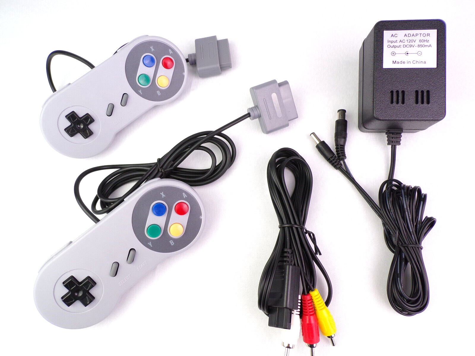 SNES Controllers x2 + AV Cable + AC Power Adapter Cord Bundle for Super Nintendo