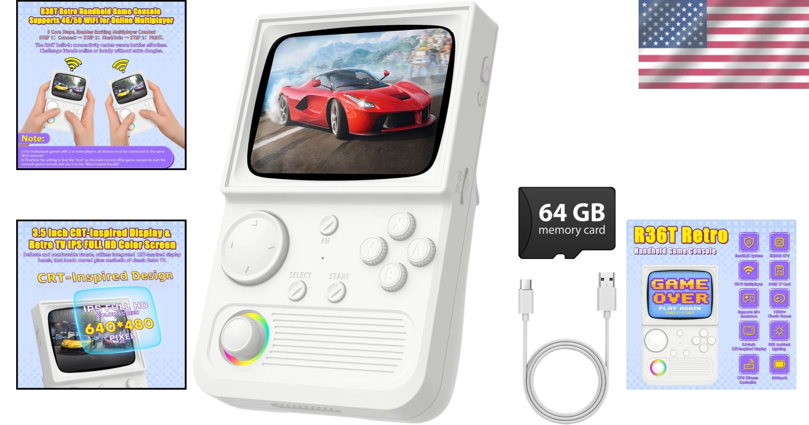 Handheld Gaming Console: 3500mAh Battery, Custom RGB Lighting, WiFi Connectivity