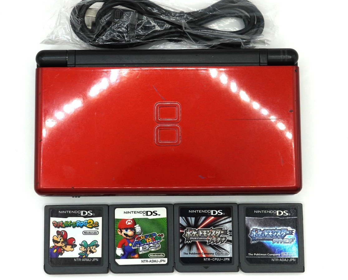 Nintendo DS Lite Crimson Black USG-001 Japan + 5 Games Pokemon Platinum Bundle