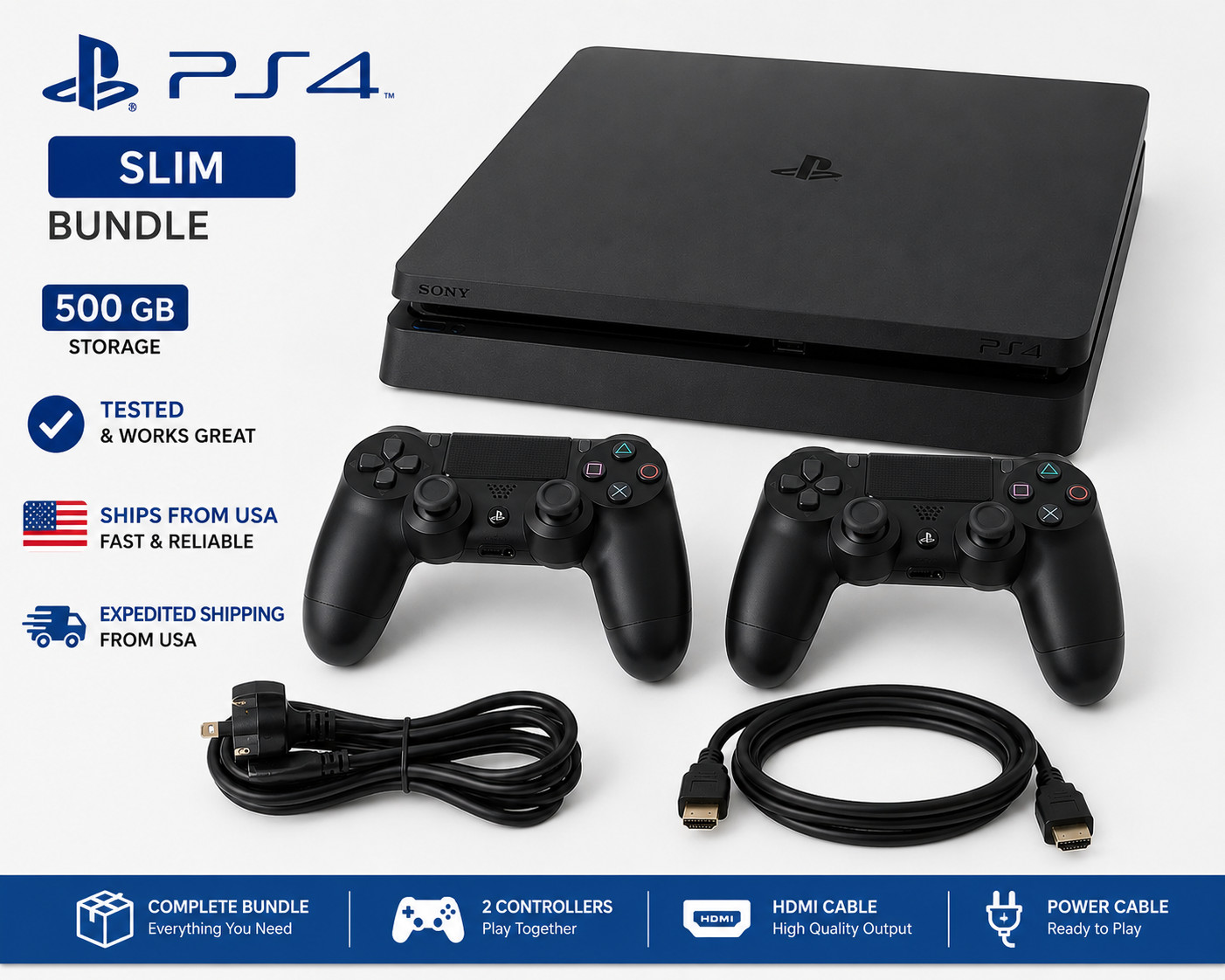 Sony PlayStation 4 Slim 500GB Console Bundle w/ 2 Controllers HDMI Tested Fast