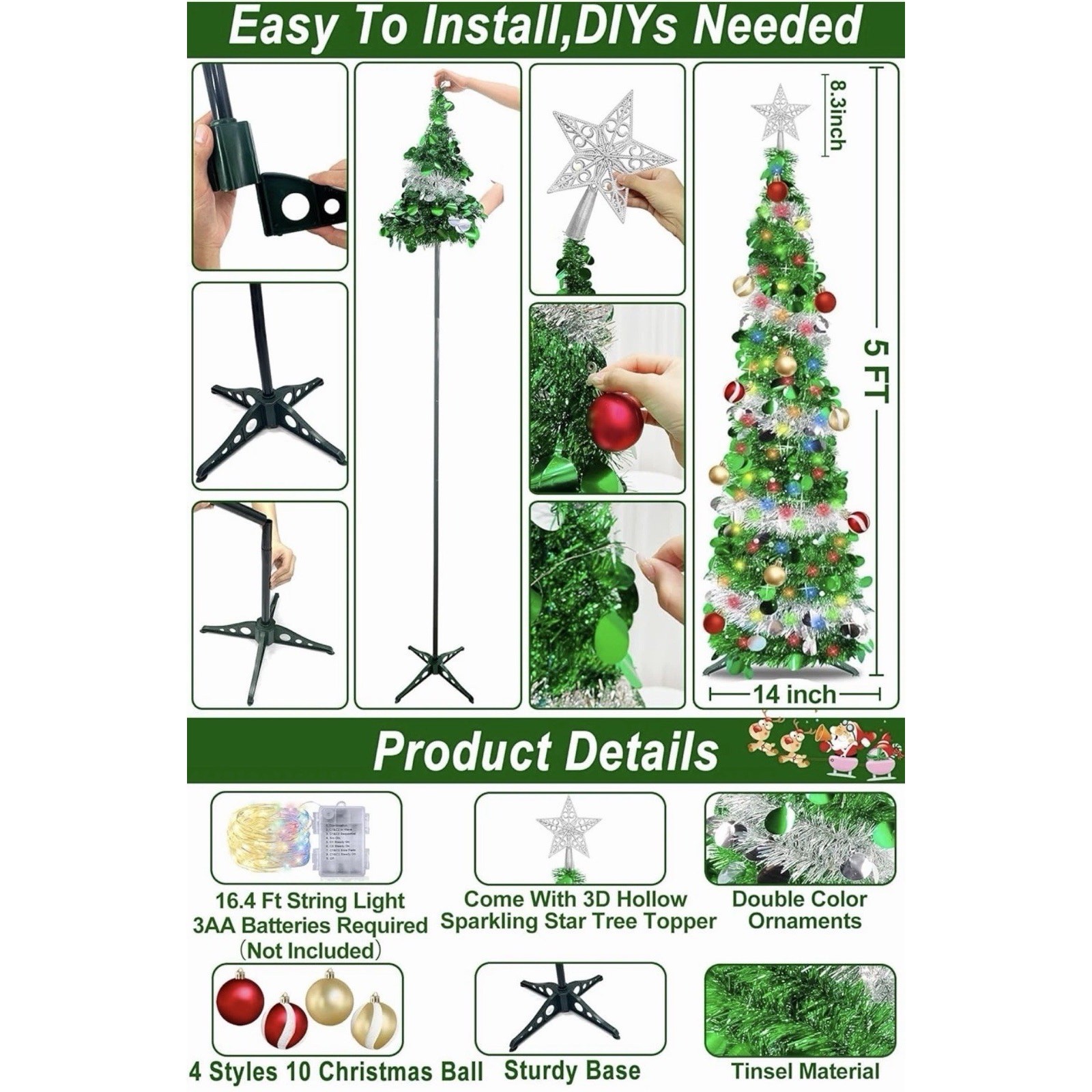 Dual Color Switch & Timer 5 Ft Pop up Christmas Tree with 50 Lights