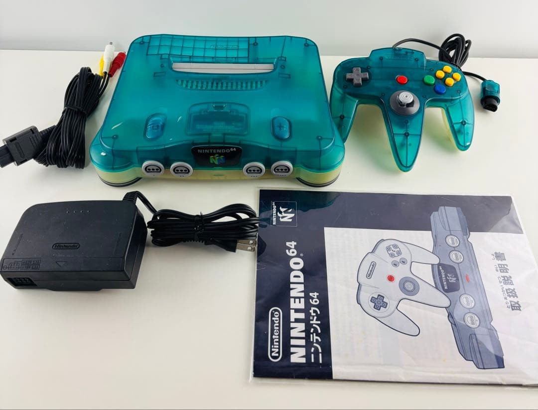Nintendo 64 Clear Blue Console Set Tested Controller AV Power Adapter JP