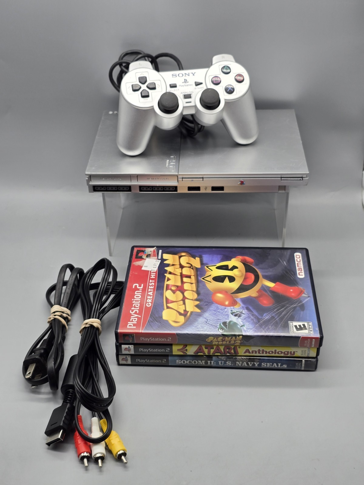 PlayStation 2 PS2 Slim Silver Console 1 Controller Cords Games Tested & Working