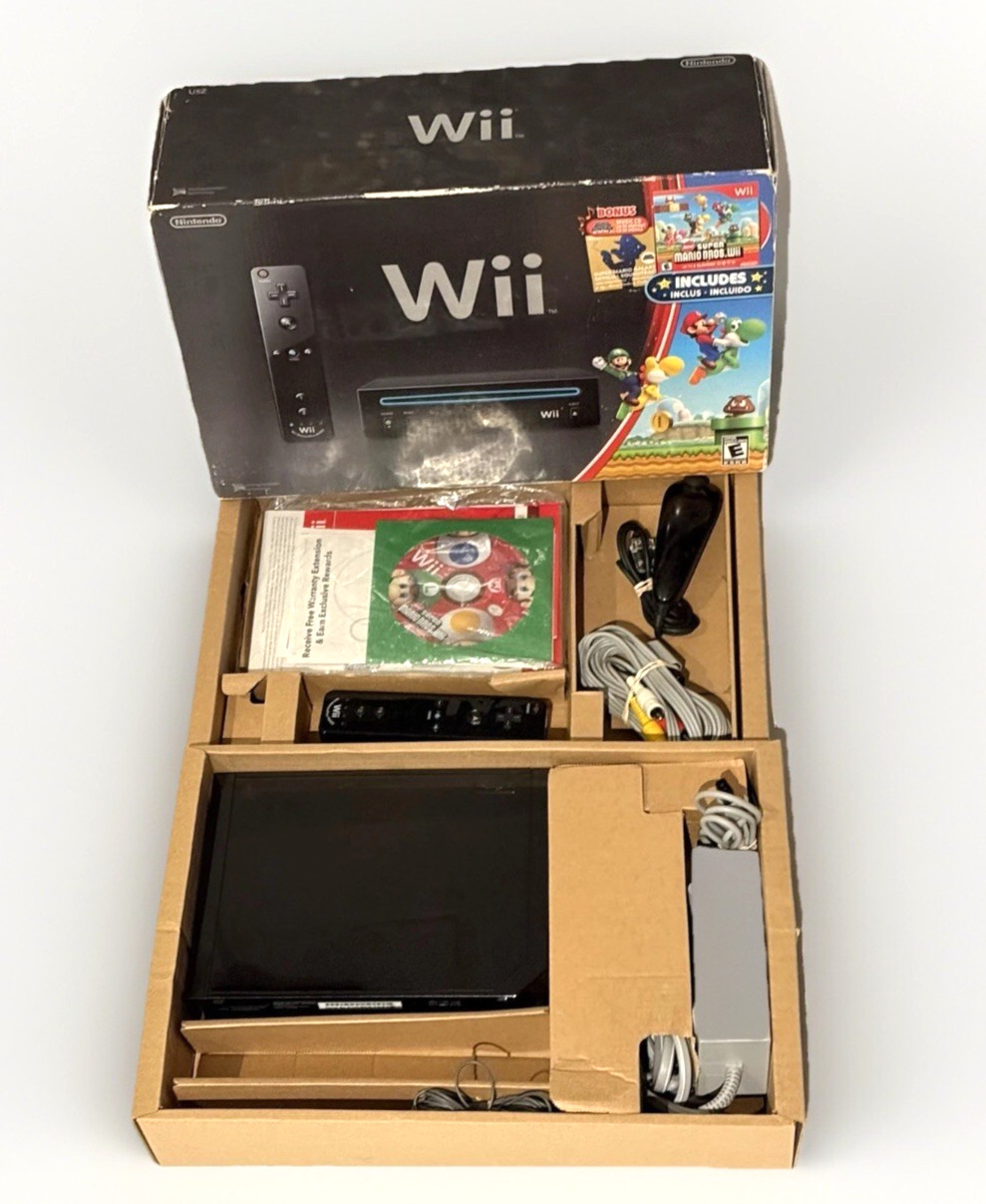 Nintendo Wii Black Console System Complete In Box New Super Mario Bros Game Set