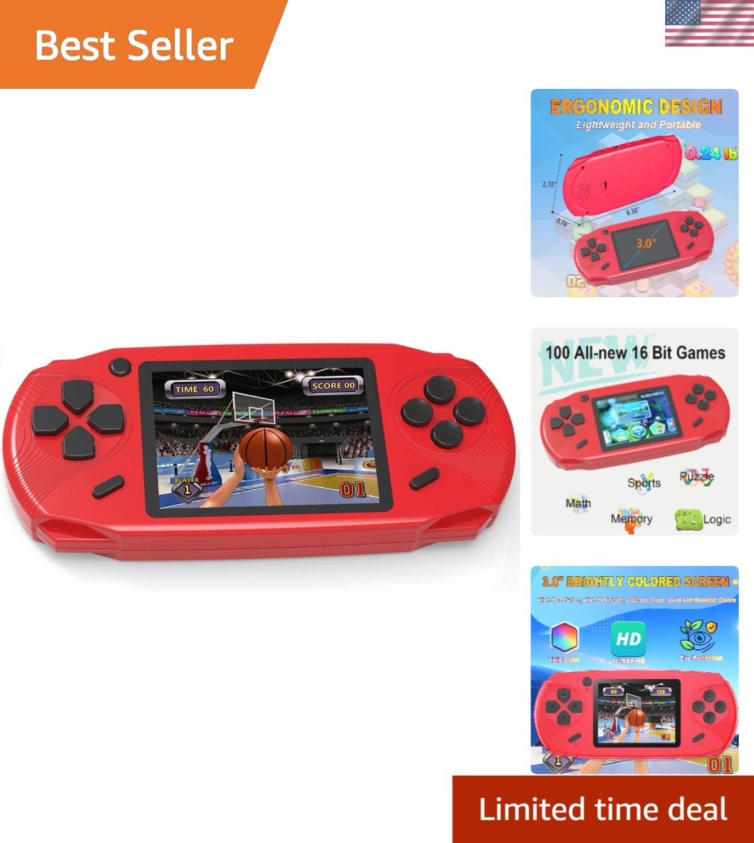 Portable 3.0” 16 Bit Gaming Console with 100 Classic Games – Ideal for All Ages