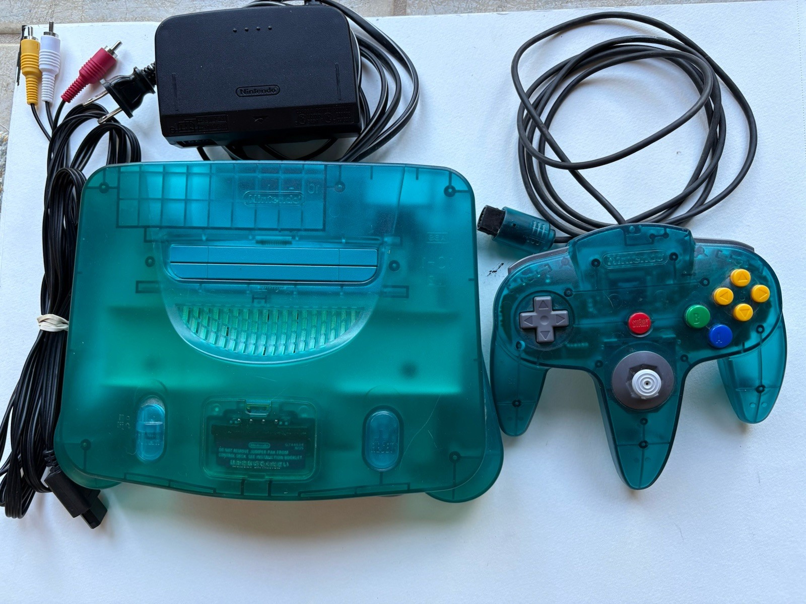 nintendo 64 console + controller, ice blue, oem with cables