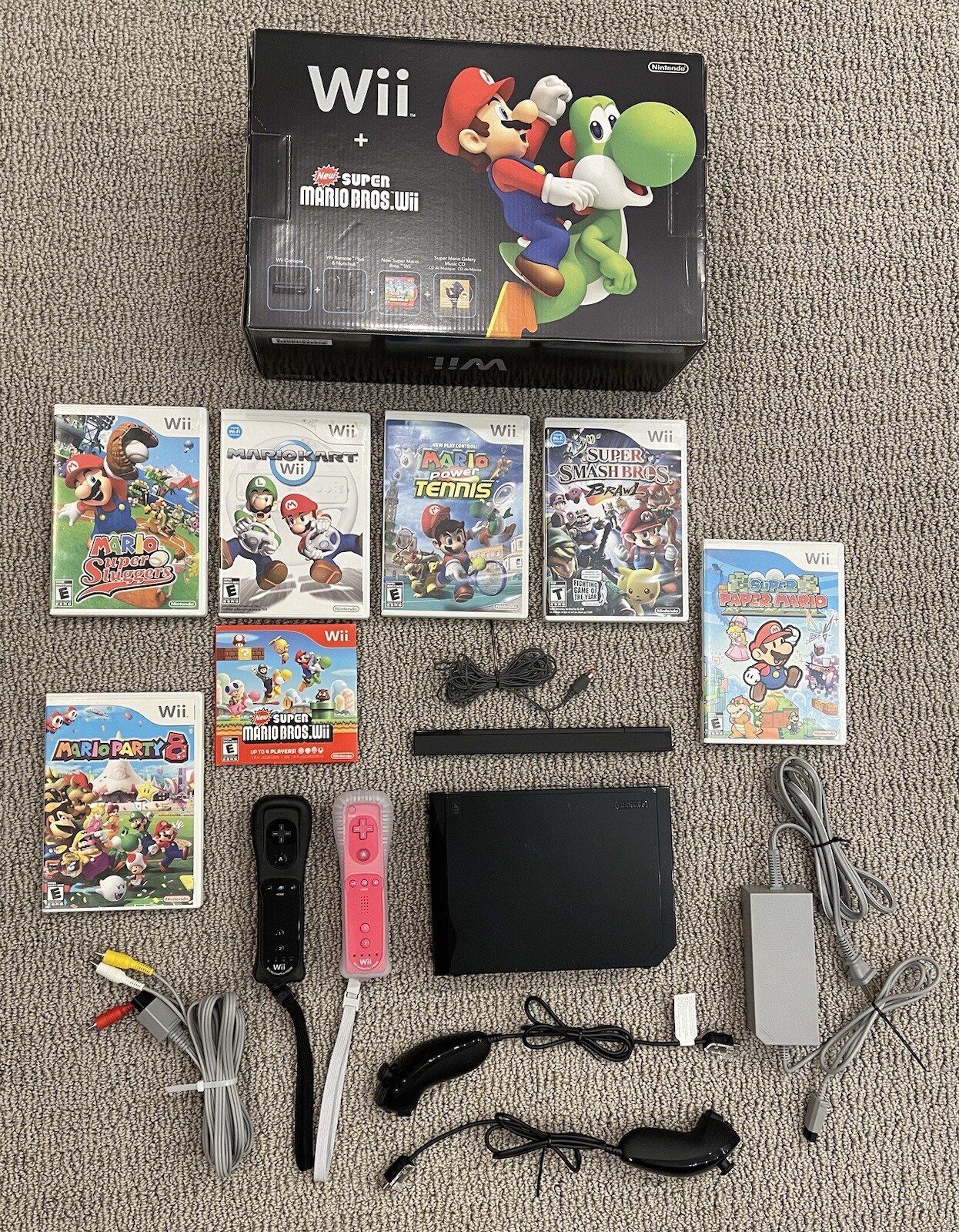 Nintendo Wii Black Console Super Mario Bros + Additional Games & Accessories