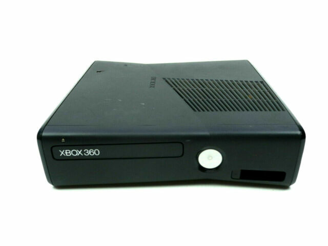 Microsoft Xbox 360 S 4GB Console – Black with charging cord and two games.