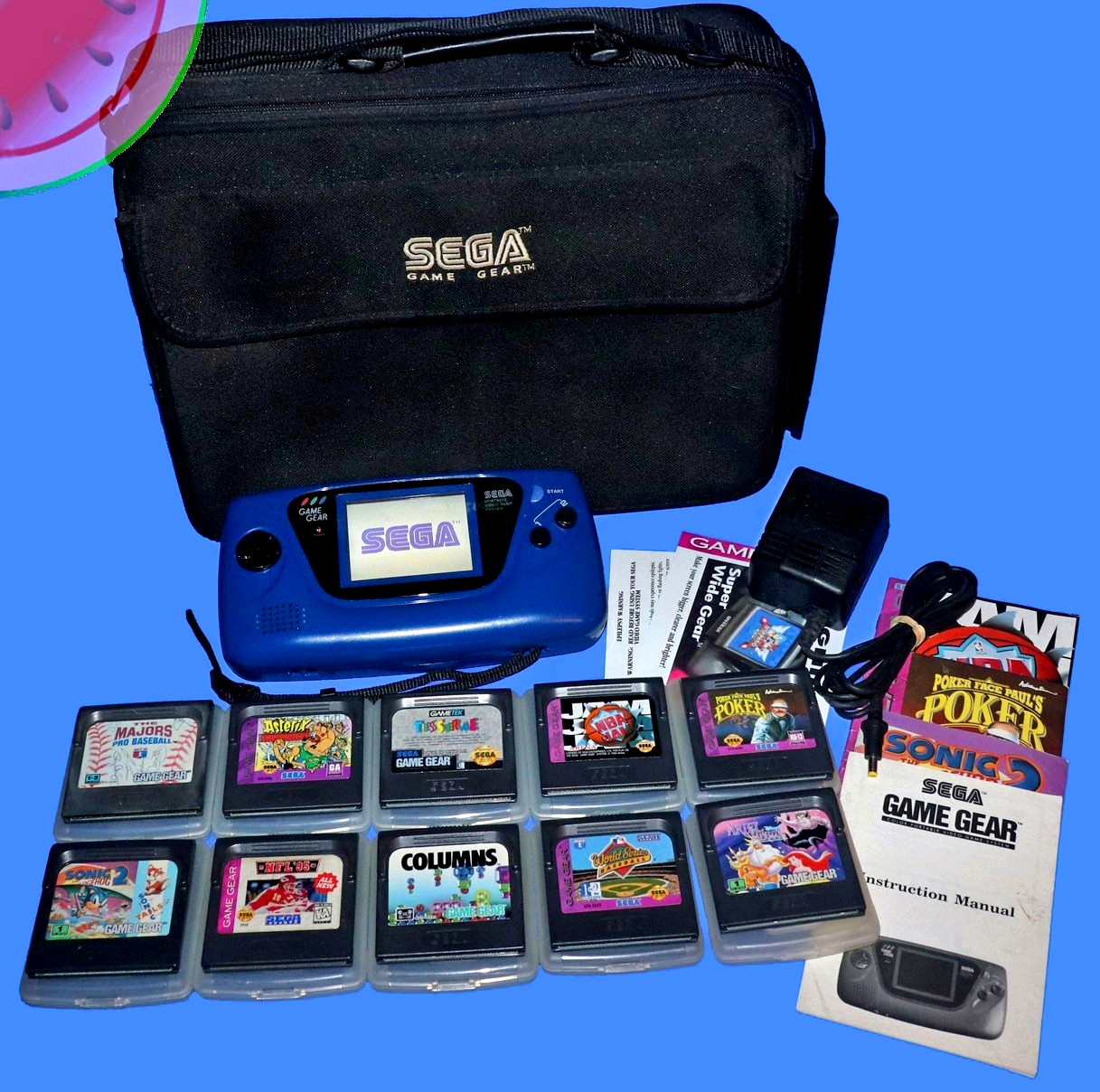 WORKING Blue Sega GAME GEAR System Recapped, Glass Lens, Carrying Case, 10 Games