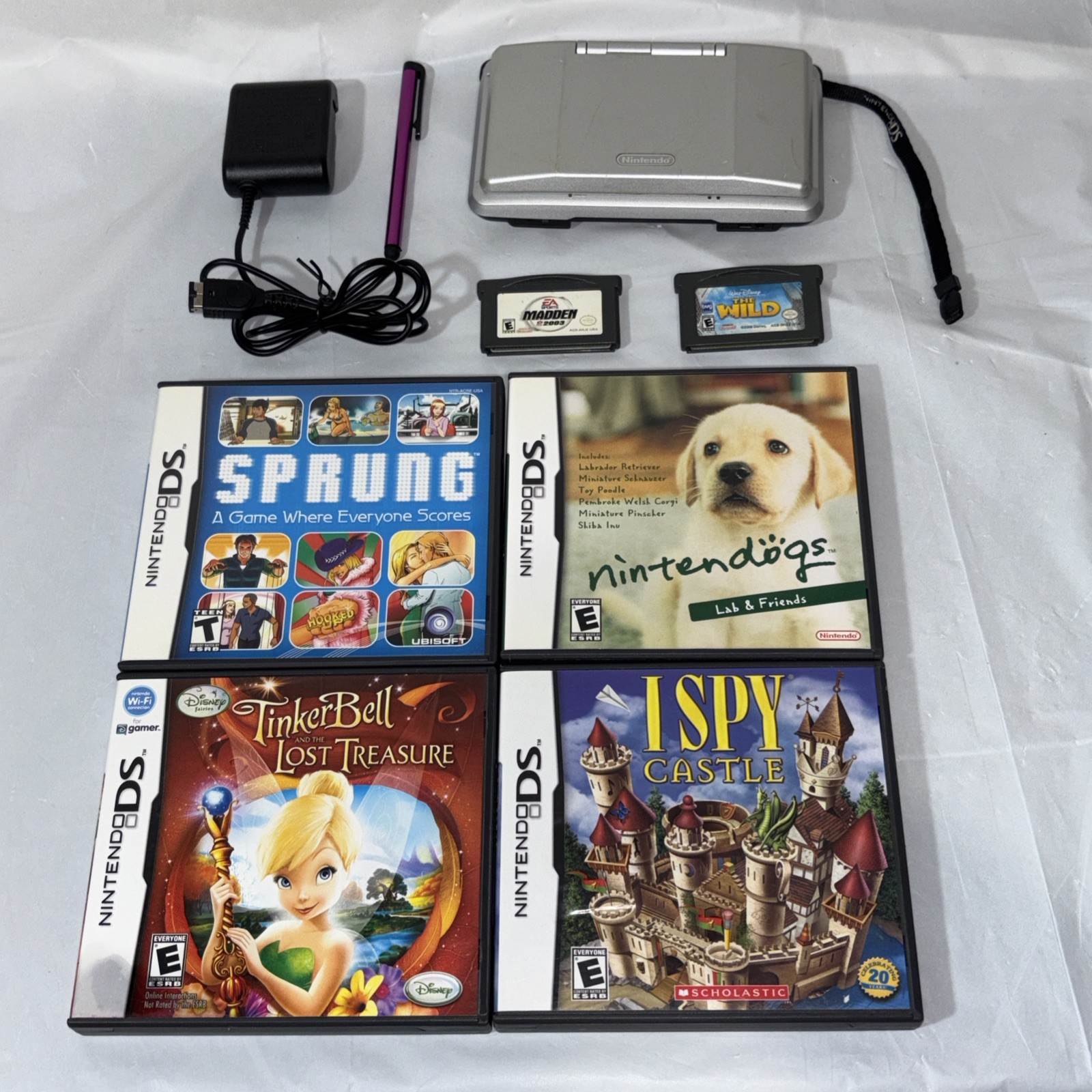 Nintendo DS Silver Handheld System with Wrist Strap + 6 Games Tested and Working