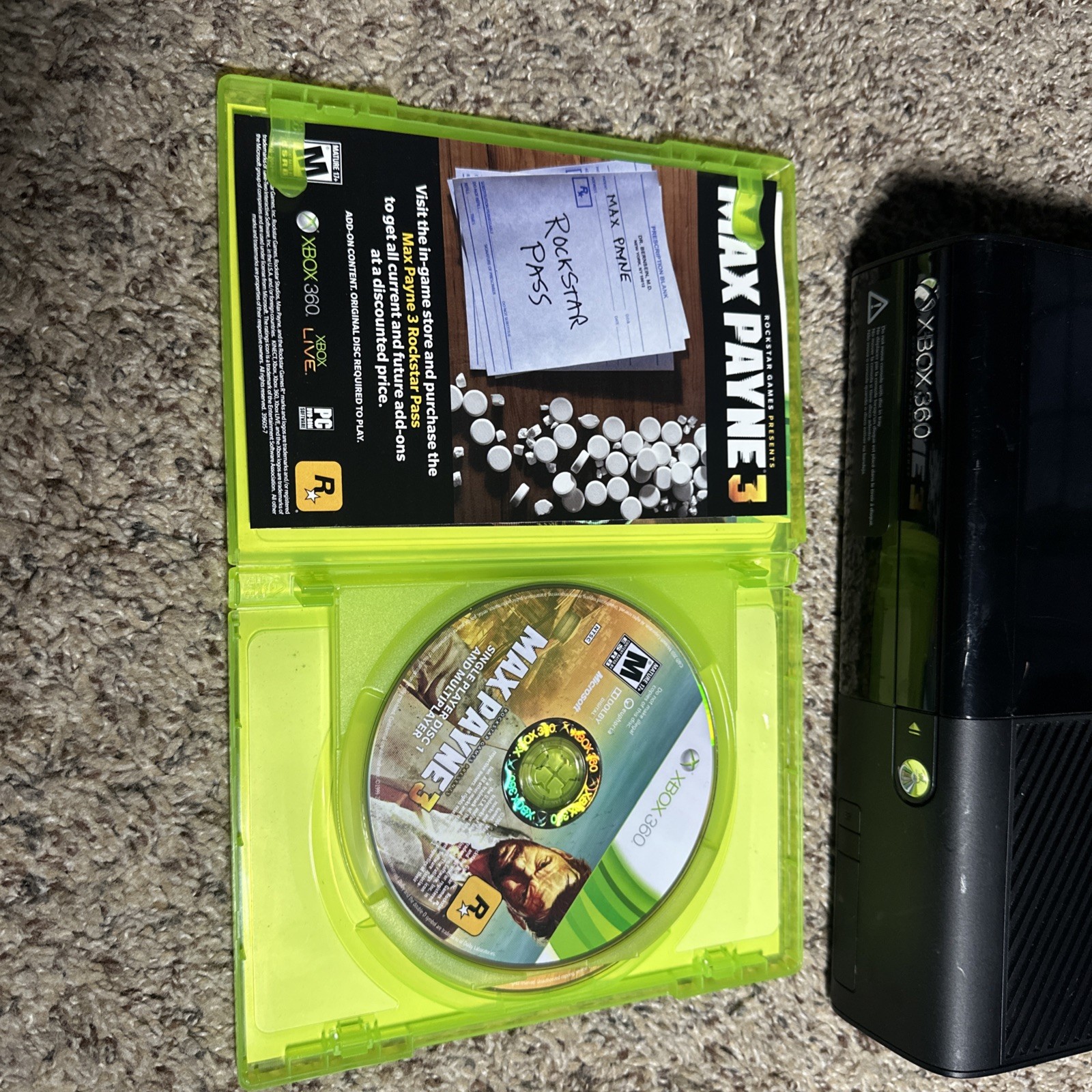 Microsoft Xbox 360 E 4GB Console Bundle 5 Games Black Wired Controller Tested