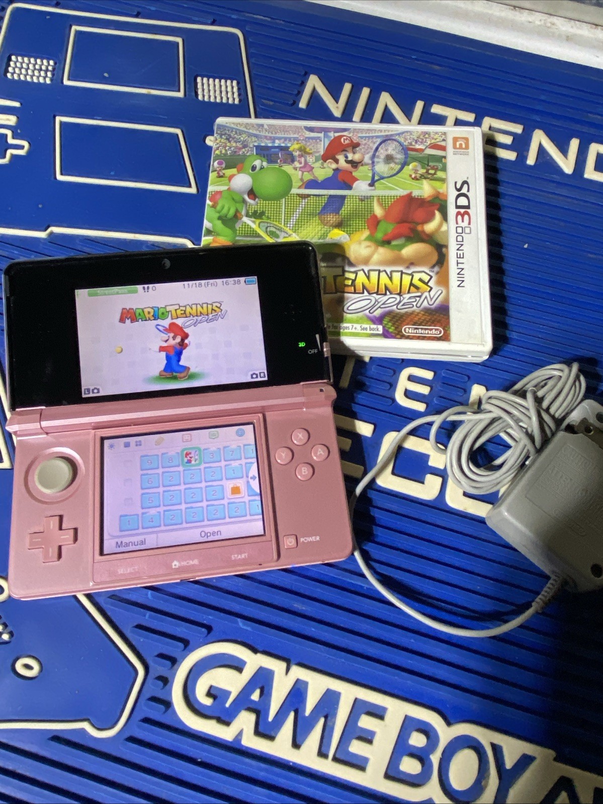 Nintendo 3DS “Pearl Pink” OEM Charger, 2GBcard, Mario tennis game. tested A-1