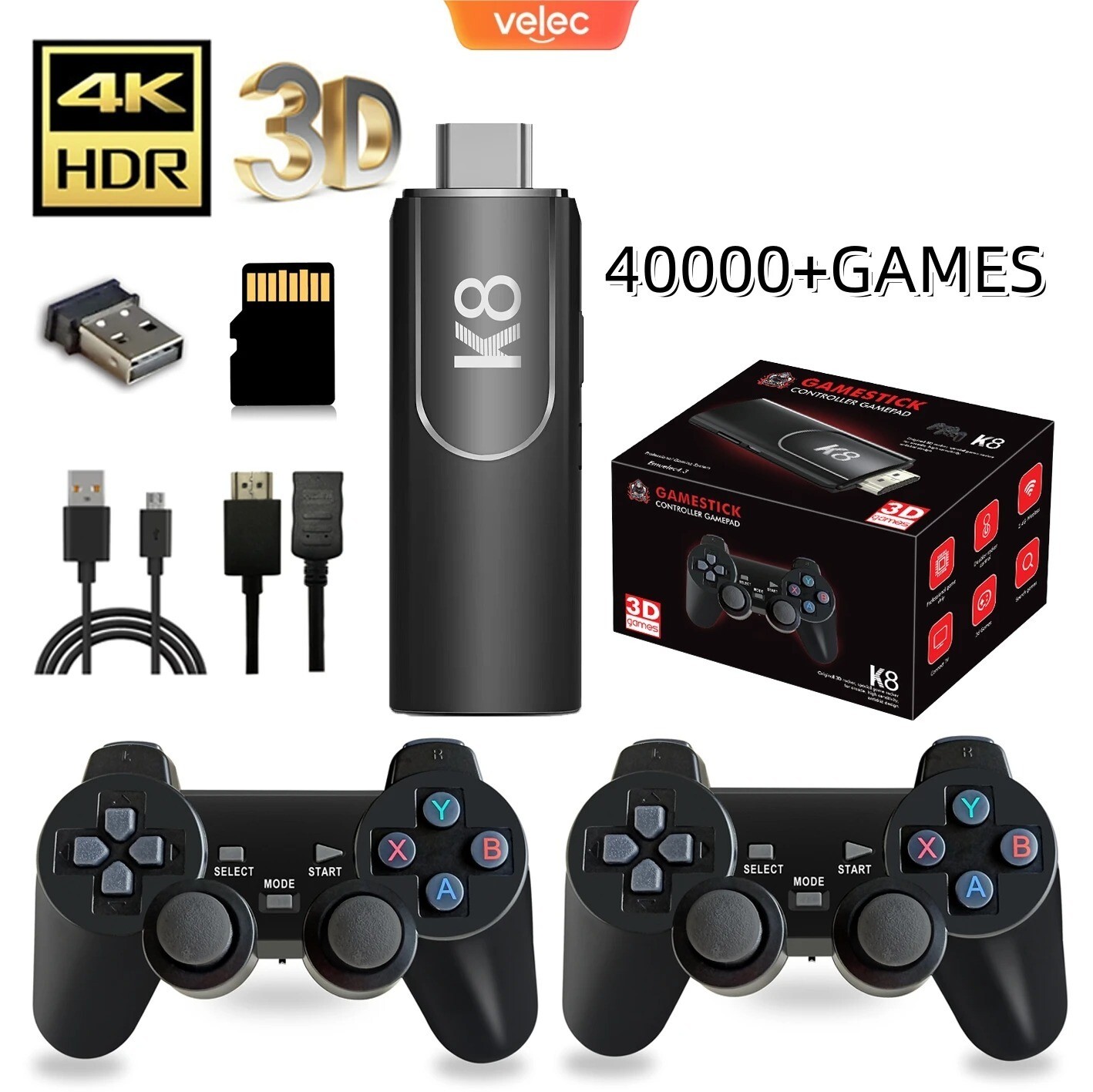 K8 Game Stick 4K HD Retro Video Game Console 64G 40000+ Games 40+Simulators Dual