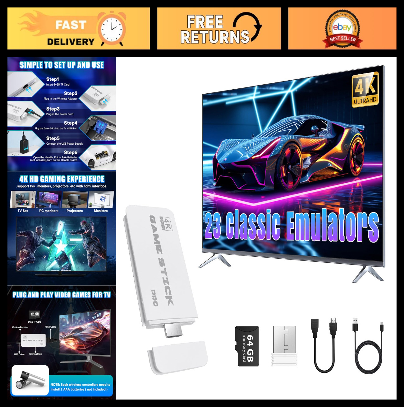 Retro Gaming Console with 64GB TF Card, Dual Wireless Controllers, 23 Emulators,