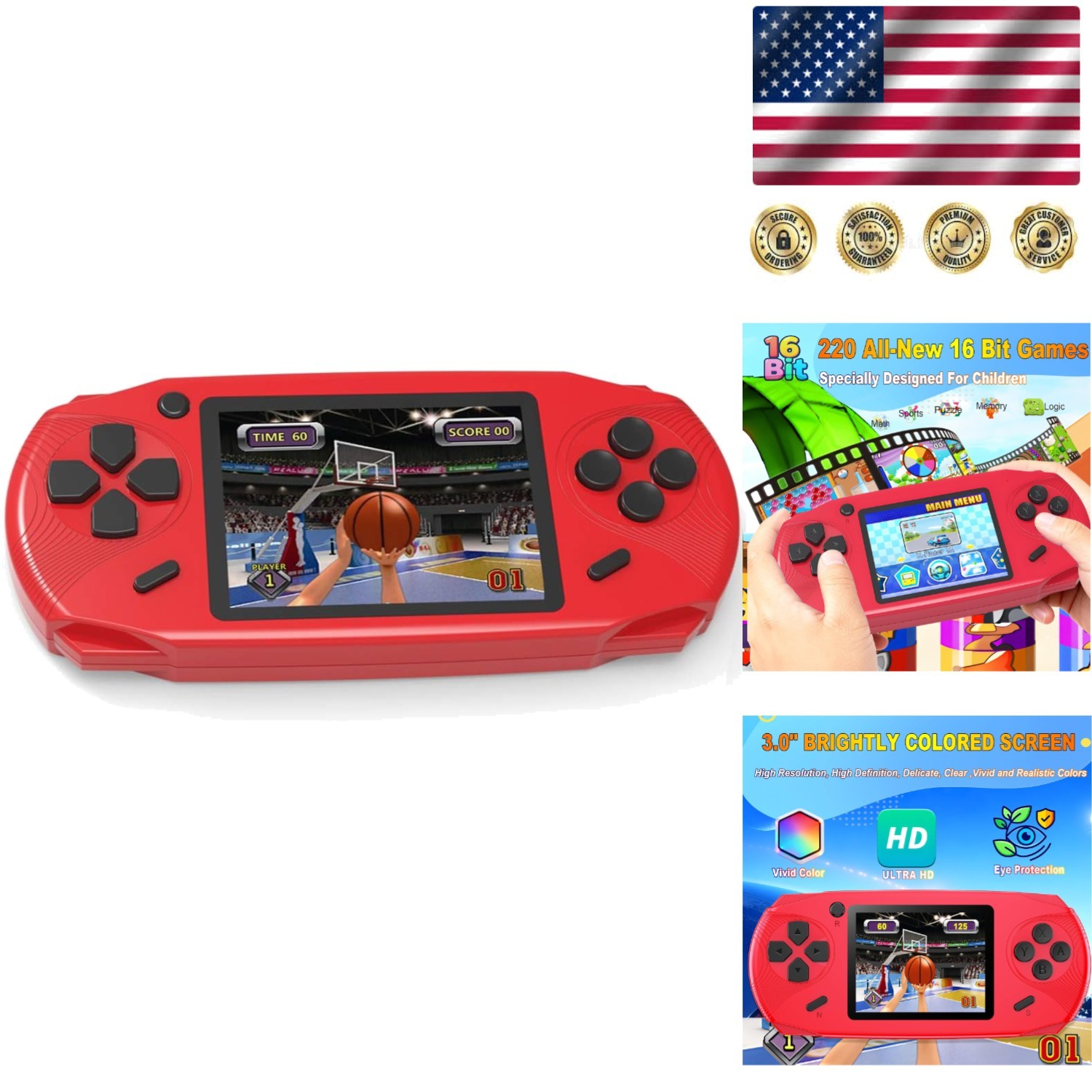 Ergonomic Handheld Gaming Console for Kids – 220 Retro Games, USB-C Rechargeable