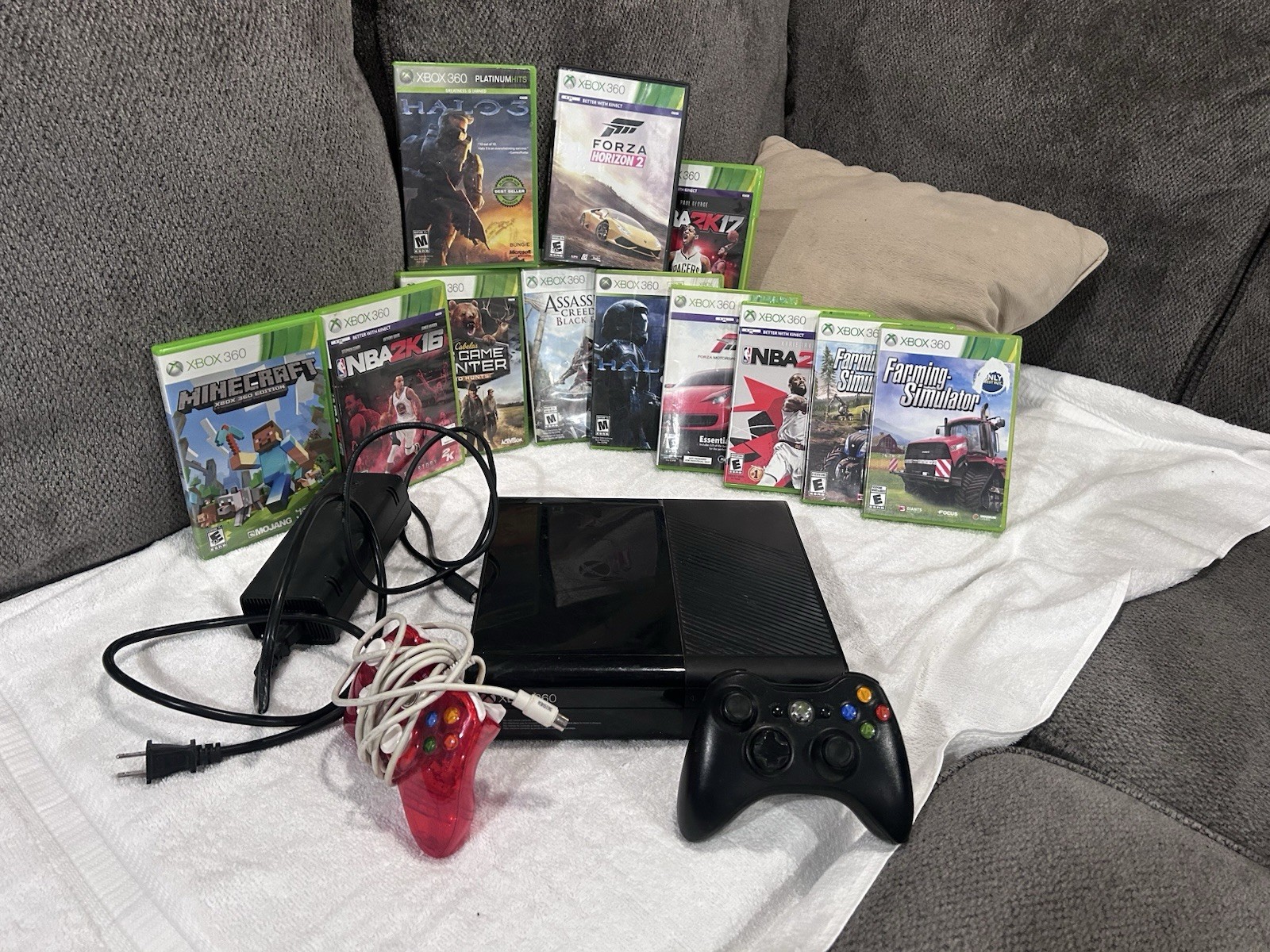 Xbox 360 S Slim Black Console Bundle W / Cords & 22 Games Tested 2 Controllers