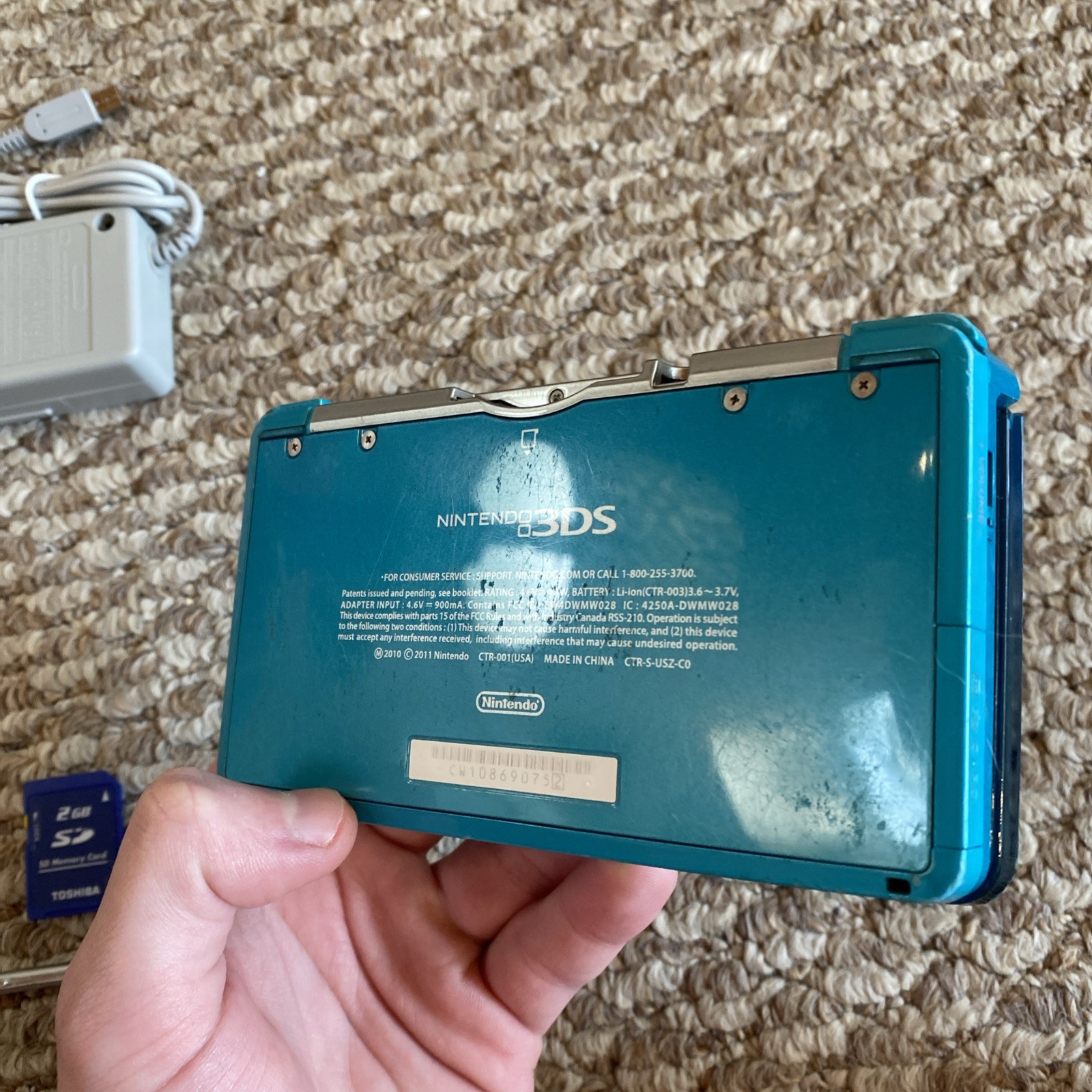 Nintendo 3DS CTR-001 (USA) Console Aqua Blue Stylus Charger SD Card