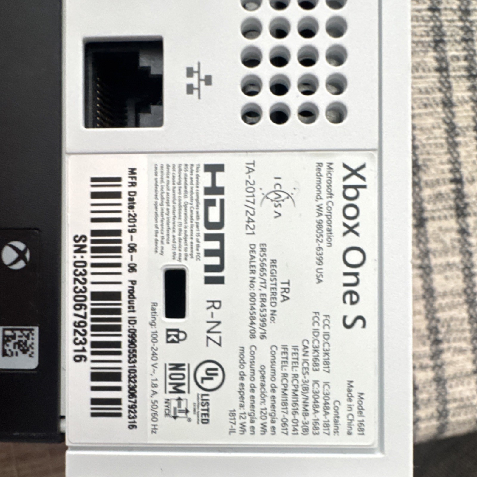 Microsoft Xbox One S White Console HDMI Ethernet Model 1681