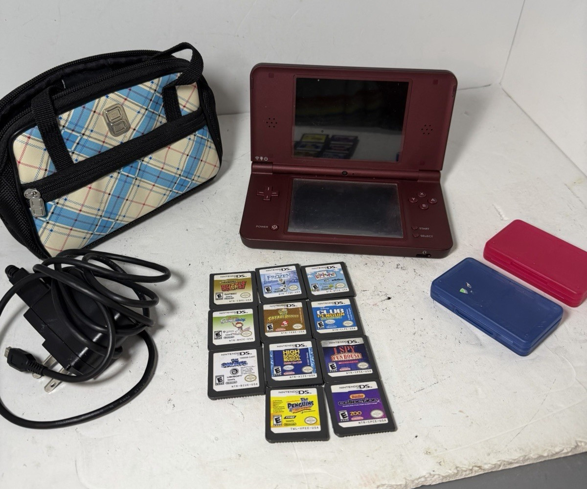 Nintendo DSi XL Wine Red Handheld Console UTL-001 W/11 Games Charger Tested