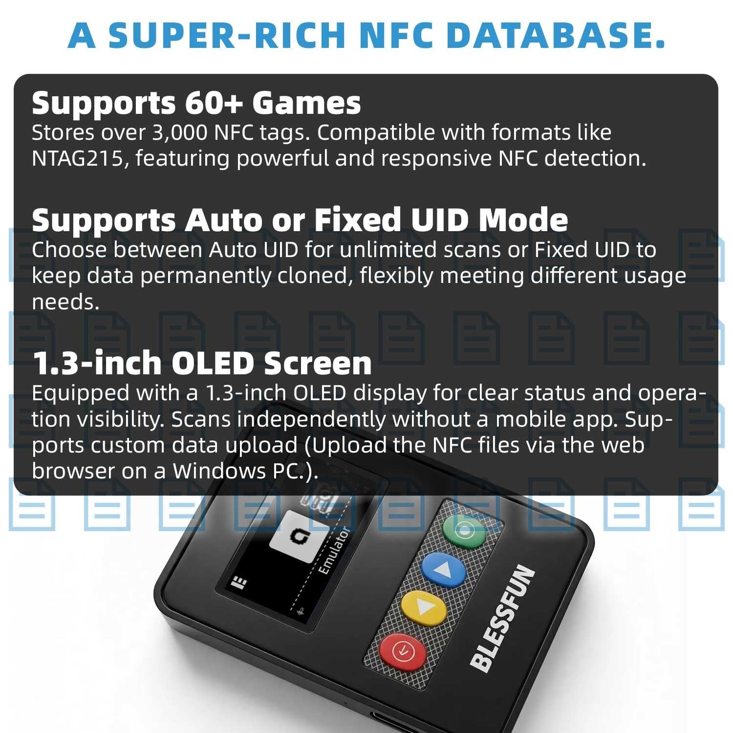 NFC Emulator with 3000+ Data Storage, 1.3″ OLED Screen, Rechargeable, Type-C, Co