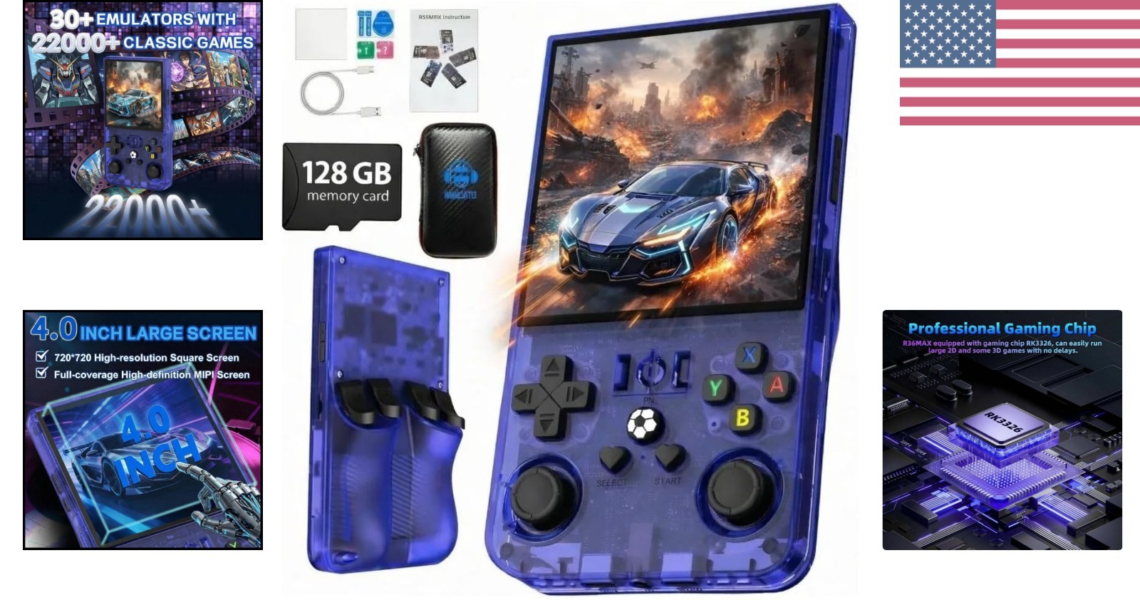 R36MAX Handheld Retro Game Console,4.0″ IPS 720×720 HD Screen,128GB with 30,0…
