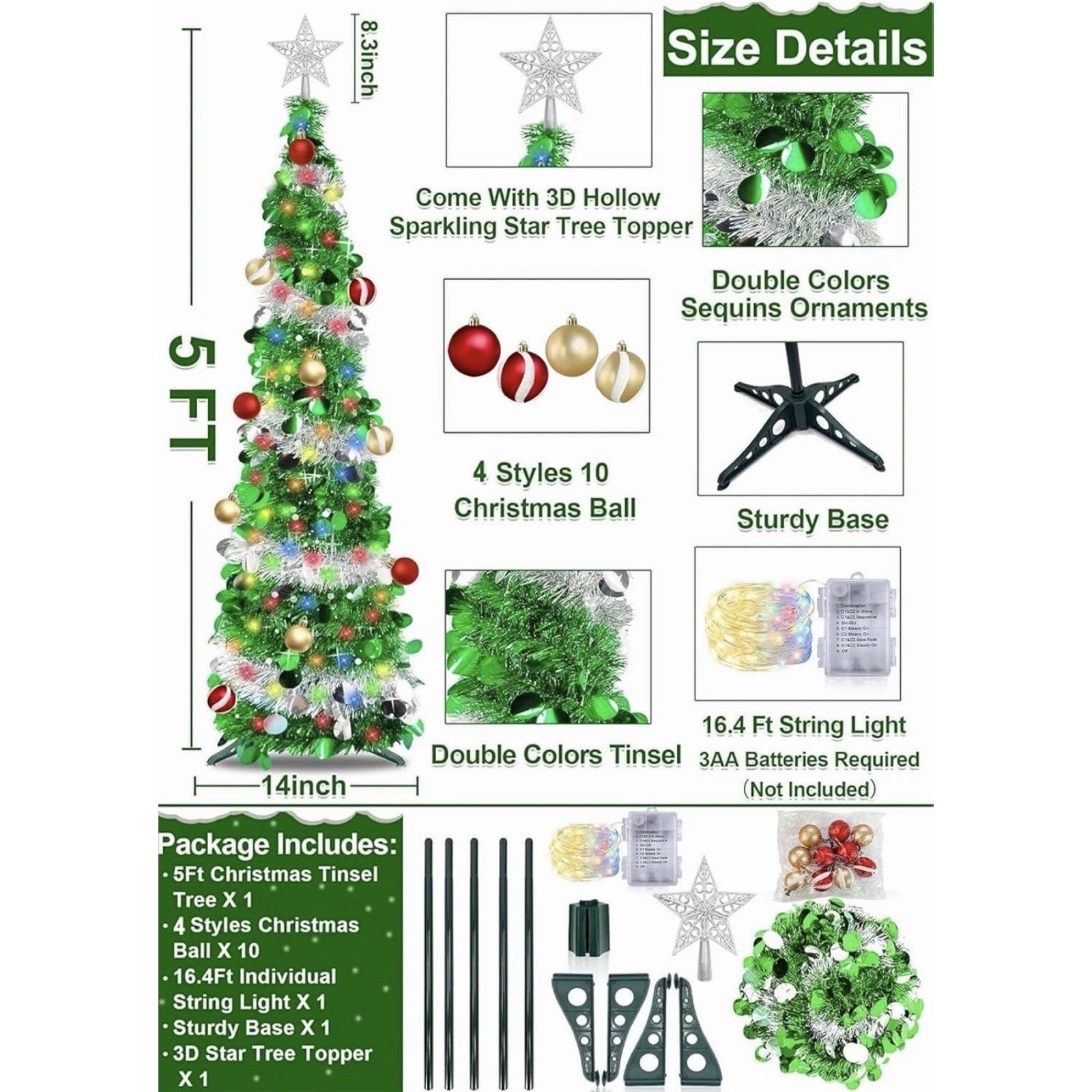 Dual Color Switch & Timer 5 Ft Pop up Christmas Tree with 50 Lights