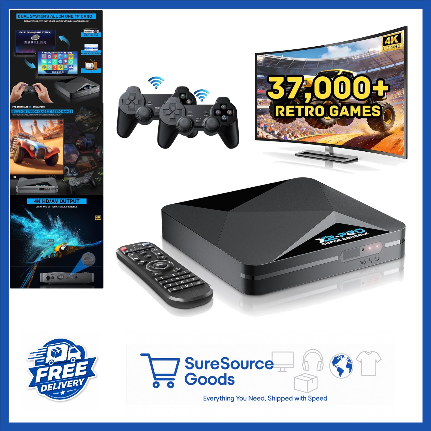 Plug and Play Retro Gaming Console, 37000+ Games, 4K UHD, WiFi, Bluetooth 5.0