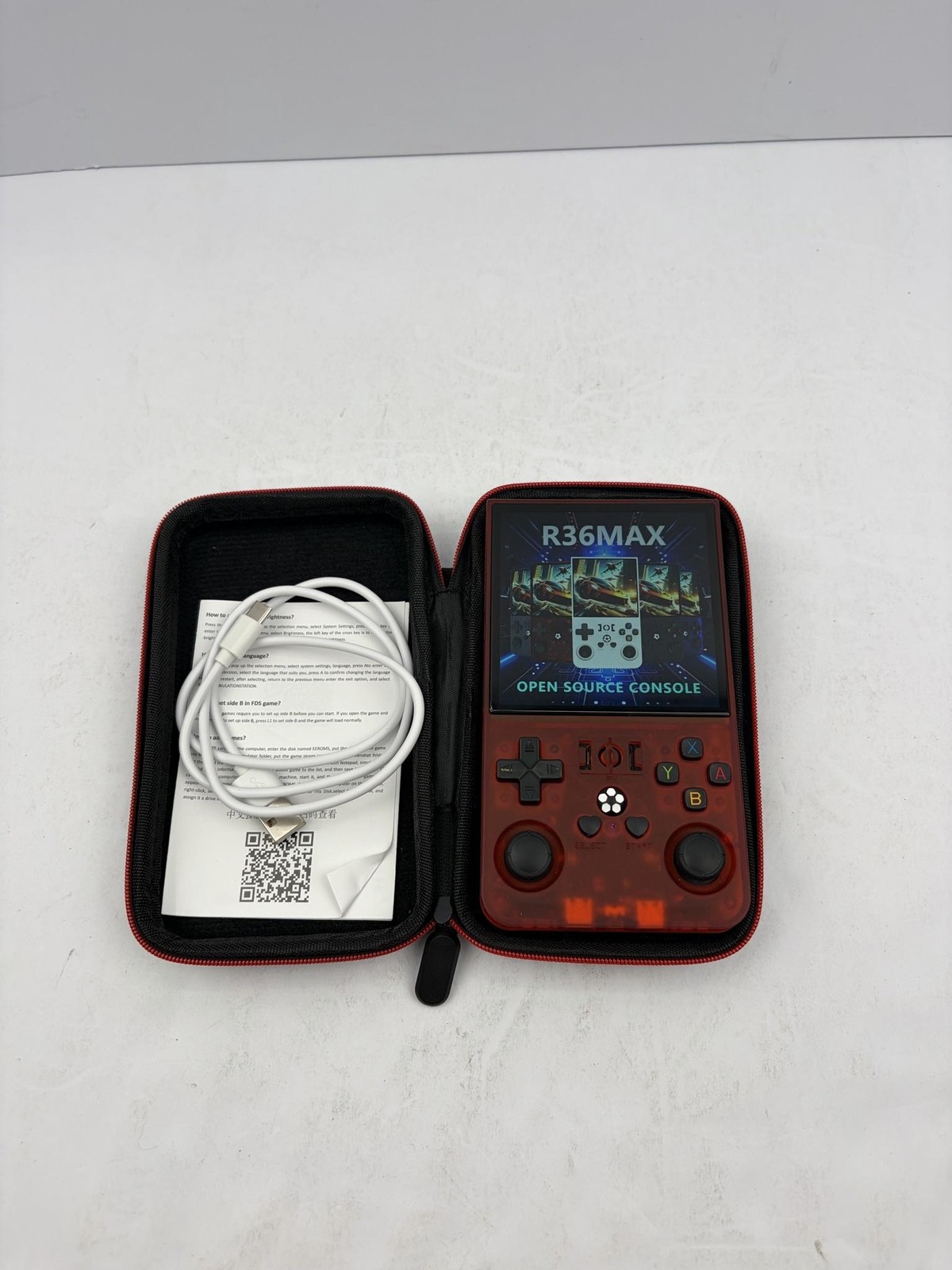 R36MAX Handheld Game Console 4 Inch IPS Screen 128GB Retro Red Case USB-C